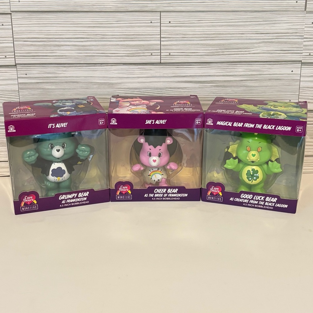 NIB Set Of Three Care Bears X Universal Monsters 4.5” Collectable Bobbleheads